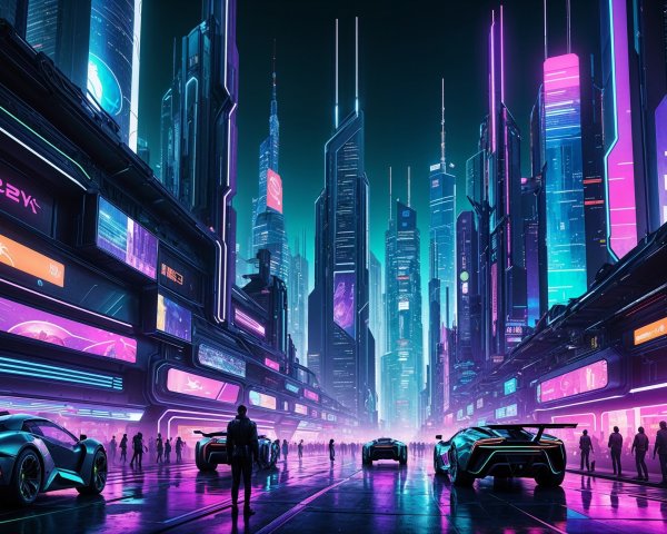 Futuristic cityscape with neon lights and skyscrapers