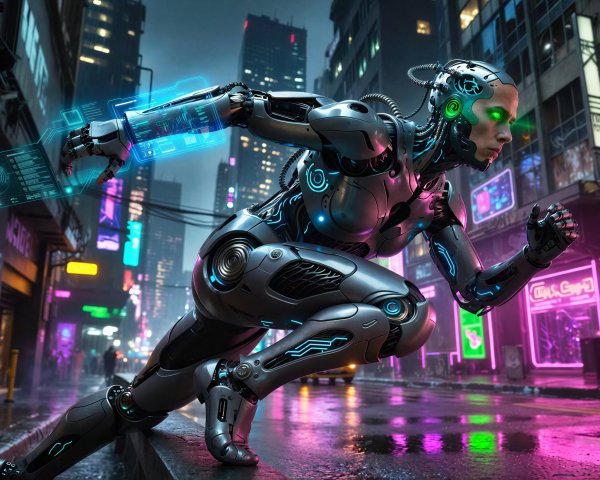 Chrome Android in Neon Cyberpunk Cityscape