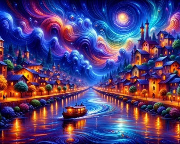 Charming Riverside Town at Night with Vibrant Lights