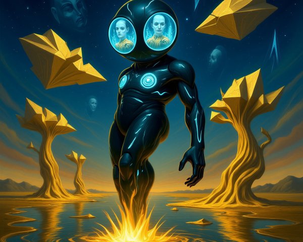 Mysterious Android in Alien Landscape with Flames