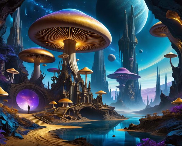 Vibrant Sci-Fi Landscape with Luminous Mushrooms