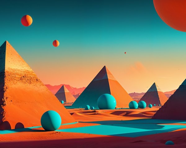 Surreal Desert Landscape with Pyramids and Spheres