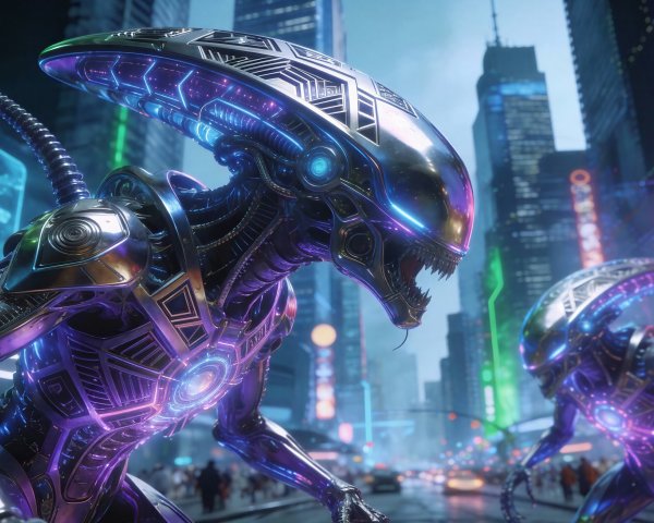 Biomechanical Xenomorph Creatures in Cyberpunk Urban Scene