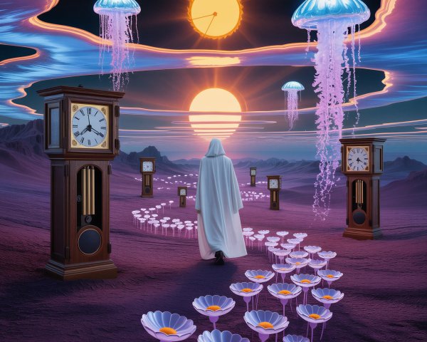 Surreal Landscape with Cloaked Figure and Vibrant Elements