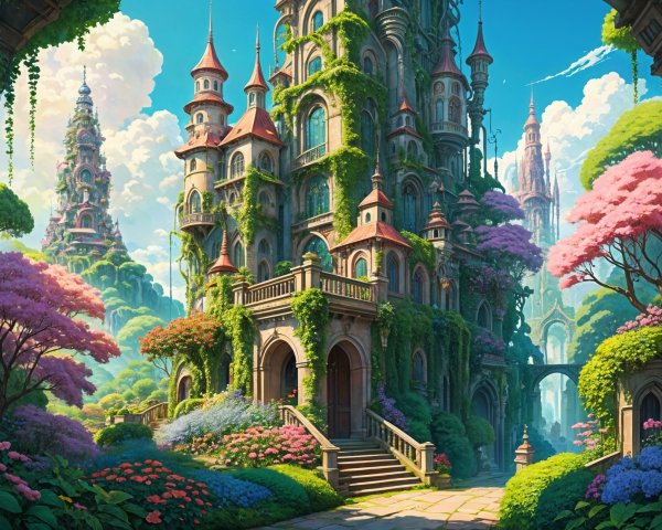 Majestic castle surrounded by vibrant gardens and hills