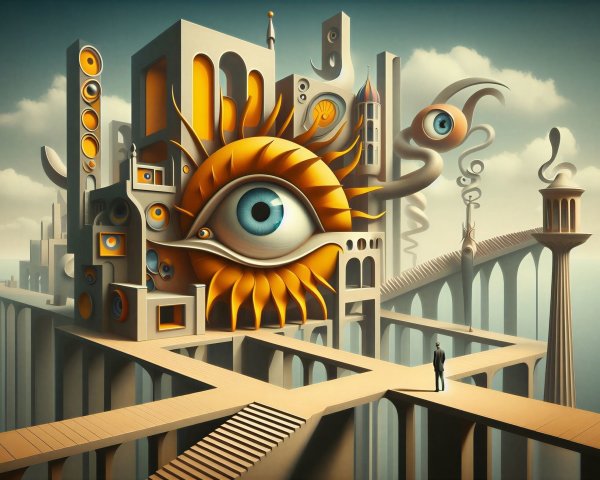Surreal Landscape with Abstract Building and Eye
