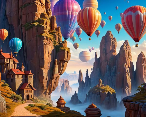 Fantasy Landscape with Cliffs and Hot Air Balloons
