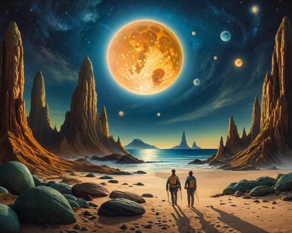 Explorers in a Surreal Alien Landscape with Moonlight