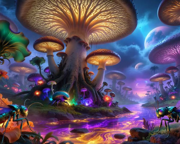 Otherworldly Landscape with Glowing Mushrooms and Creatures