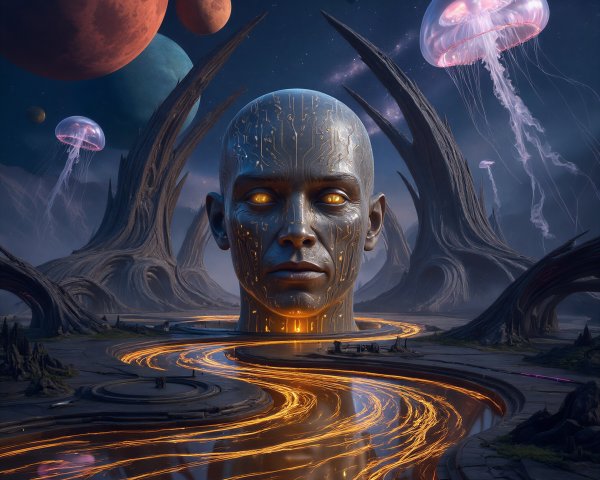 Cybernetic Human Head in Alien Sci-Fi Landscape