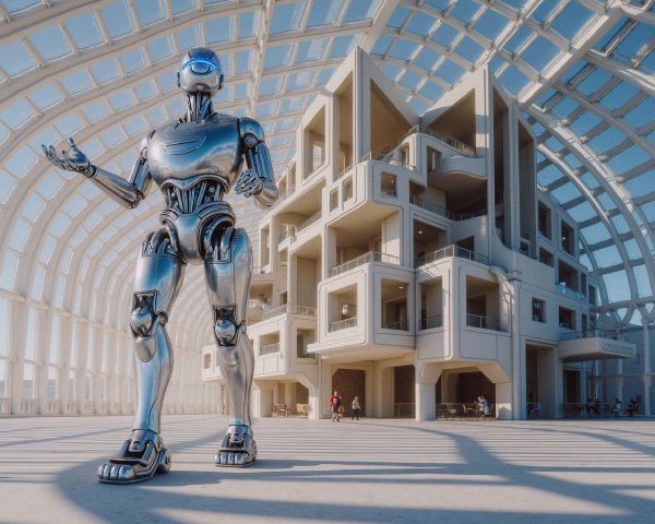 Futuristic Scene with Humanoid Robot in Modern Architecture