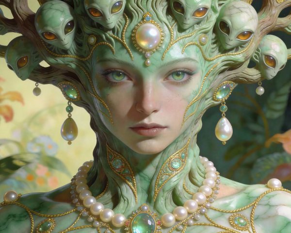 Close-up of an alien Medusa-like woman with pearls