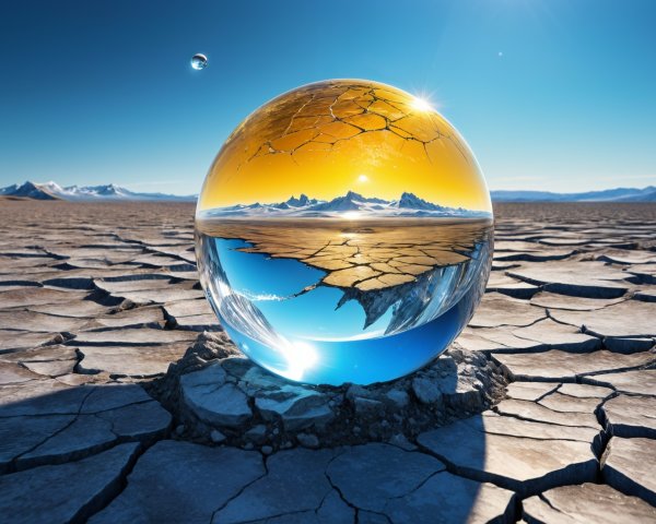 Glass Orb on Cracked Earth Reflecting Landscape