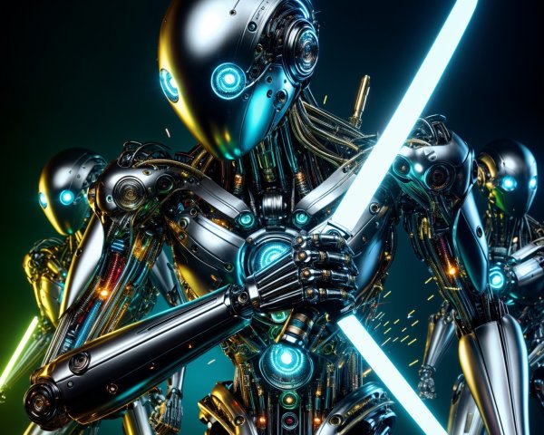 Futuristic robots with glowing swords in dynamic poses