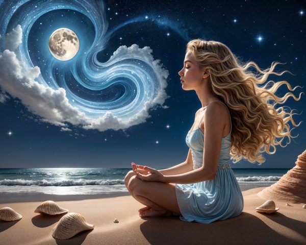 Tranquil Beach Meditation Under Starry Night Sky