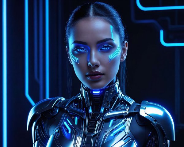 Cyborg Woman with Detailed Robotic Suit and Blue Accents