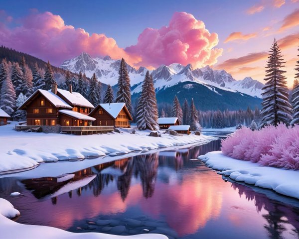 Winter Landscape with Cabins and Snowy Mountains