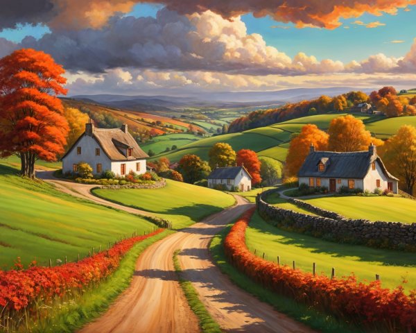 Charming Cottages in Autumn Countryside Landscape