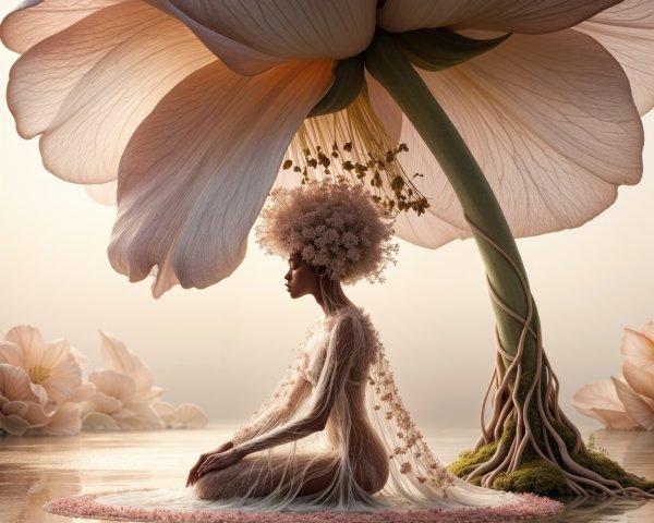 Serene Figure Under a Delicate Flower Canopy