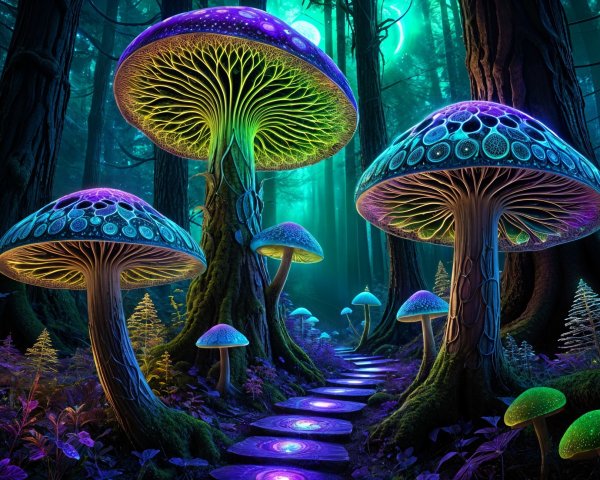 Mystical forest with oversized colorful mushrooms