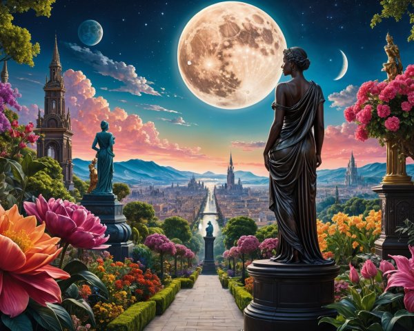 Vibrant Flower Pathway with Statues and Cityscape