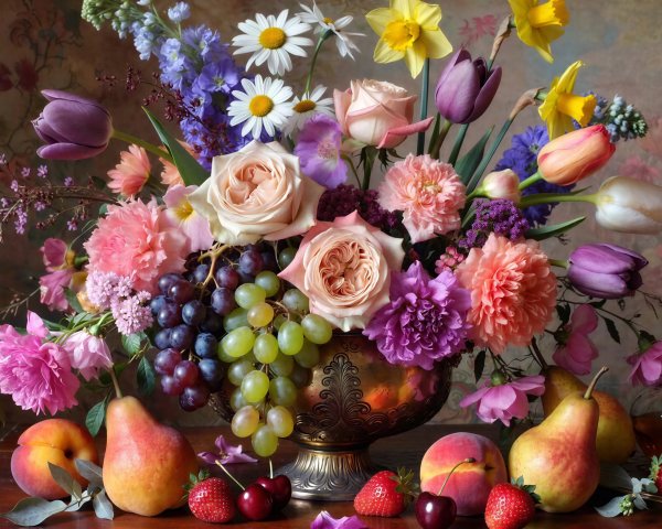 Still Life Painting of Floral Arrangement with Fruits