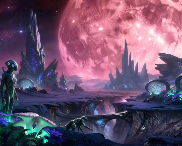 Alien Planet Landscape with Pink Moon and Creatures