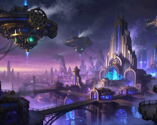 Futuristic cityscape with art nouveau and steampunk styles