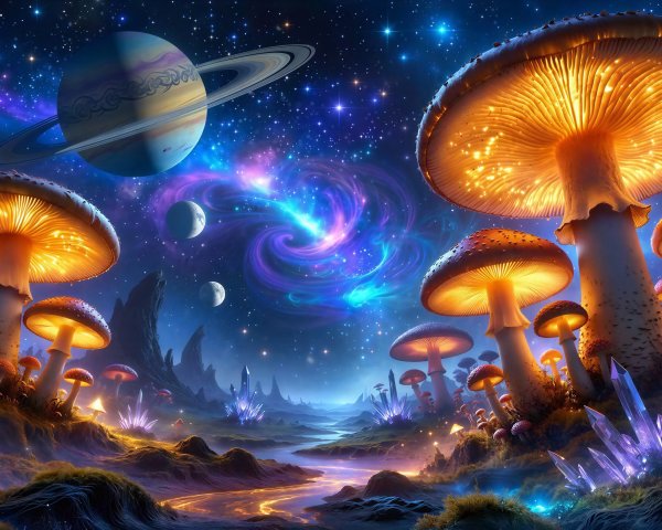 Psychedelic Alien Landscape with Bioluminescent Mushrooms