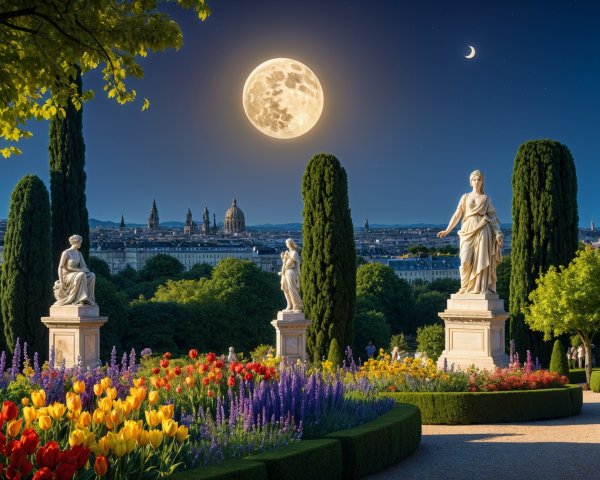 Nighttime Park with Statues and Flower Beds