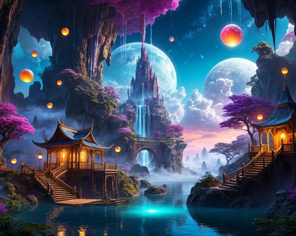 Luminous Fantasy Landscape with Waterfalls and Pagodas