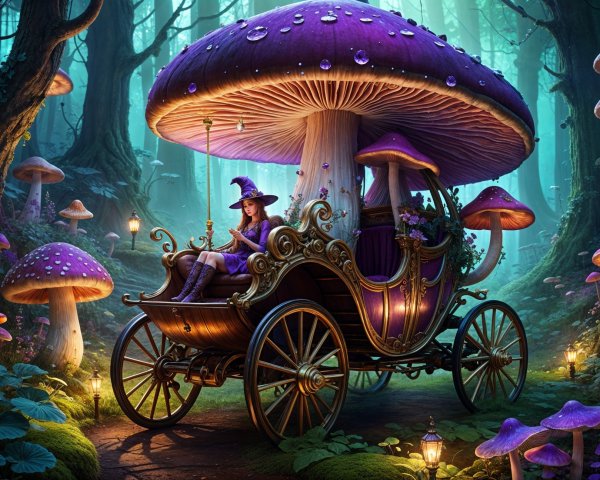 Enchanted Forest with Whimsical Carriage and Mushrooms