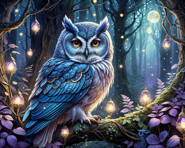 Majestic owl with blue feathers in enchanted forest