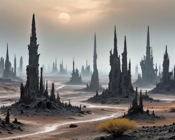 Ominous Desert Landscape with Black Rock Formations