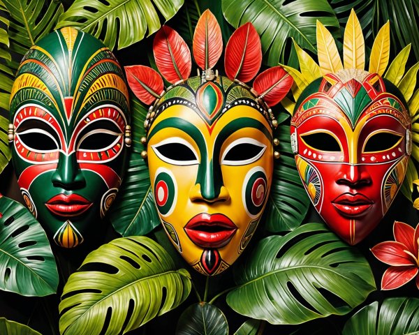 Vibrant Masks Surrounded by Lush Green Leaves