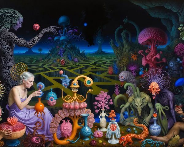Surrealist Painting Featuring Goddess and Vibrant Elements