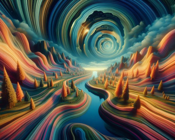 Surreal Landscape with Colorful Patterns and River