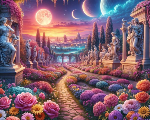 Celestial Garden at Dusk with Vibrant Flowers and Moons