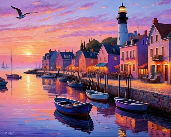 Tranquil Harbor at Sunset with Pastel Buildings