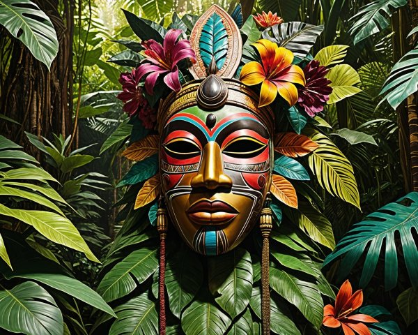 Vibrant Mask Surrounded by Tropical Foliage