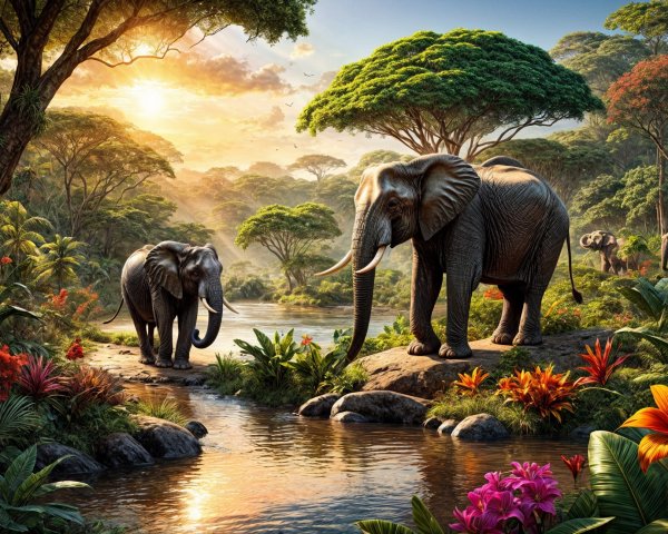 Serene Jungle Landscape with Elephants at Sunset