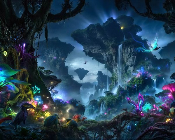 Bioluminescent Alien Forest with Glowing Flora and Fauna