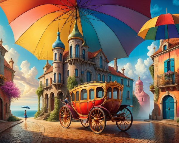 Colorful Carriage on Cobblestone Street Scene