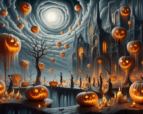 Eerie Landscape with Illuminated Pumpkins and Gothic Cathedral
