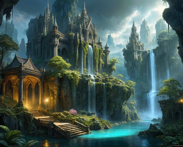 Majestic Fantasy Landscape with Castles and Waterfalls