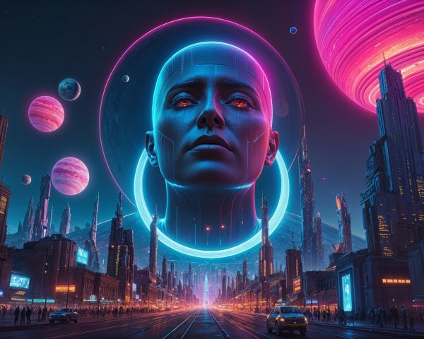 Futuristic cityscape with neon colors and AI face