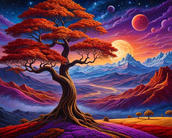 Majestic Tree and Colorful Landscape at Sunset