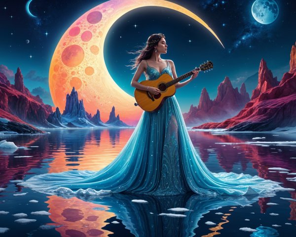 Young woman in blue gown by shimmering lake at night