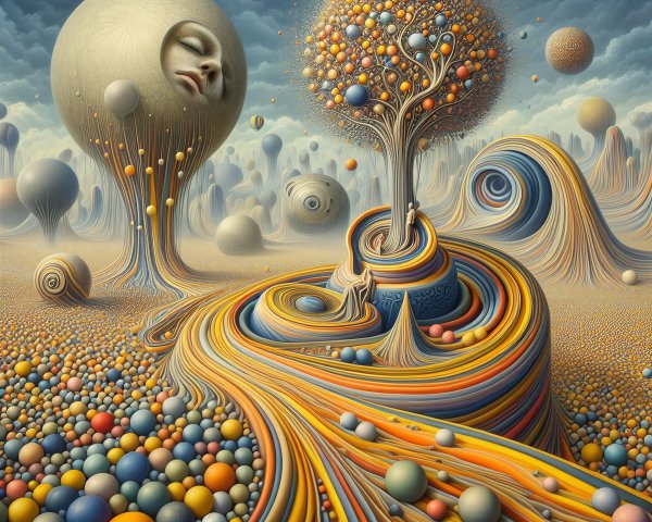 Surreal Landscape with Serene Face and Colorful Orbs