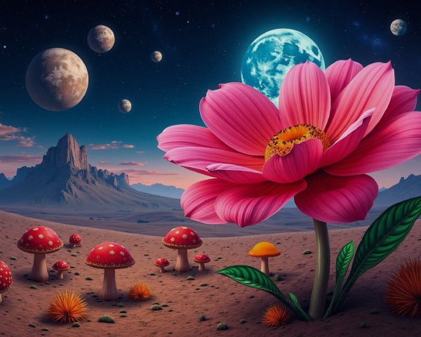 Surreal Landscape with Giant Pink Flower and Moons